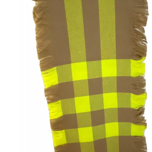 Authentic BURBERRY Cashmere Half Mega Check Fringe Scarf Neon Yellow - Picture 6 of 9